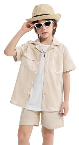 LOLANTA Completo in Lino per Bambino, Set Camicia a Maniche Corte e Pantaloncini, Abbigliamento Estivo Casual per Vacanze e Cerimonie (Kaki Chiaro, 11-12 Anni, 160)