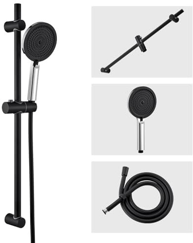 Auralum Barre de Douche avec Pommeau, Ensemble de Douche avec Pommeau(4 Jets),Flexible en acier inoxydable (150 cm),Barre de Douche en acier inoxydable (70 cm) et Support de Pommeau de Douche, Noir