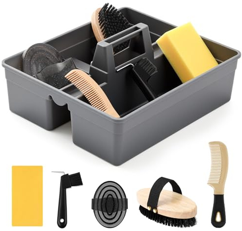 Abbylike 6 Pieces Horse Grooming Tote Kit Plastic Storage Grooming Bag for Horses Durable Tote Tack Box Organizer with Handle Horse Brush Sets Cleaning Caddy Supplies(Gray)