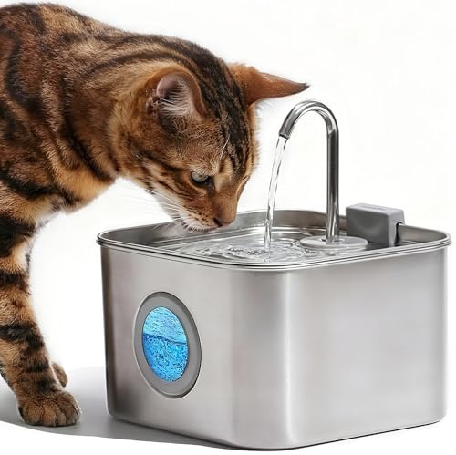 FUKUMARU Cat Fountain Stainless Steel, 3.2 L Ultra-quiet Drinking Fountain for Cats and Dogs, Water Fountain with Water Level Window and Tap,Easy to Clean