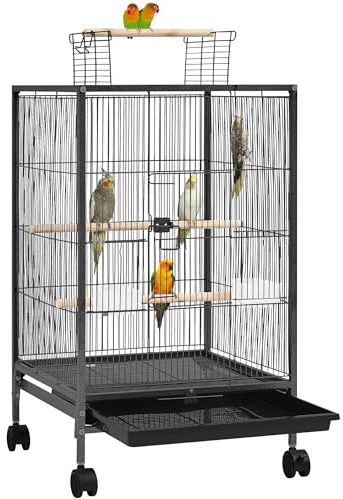 Abician Grande Cage à Oiseaux Gages Oiseaux Métallique sur roulettes Volière Perroquets Canaris Cage Animaux de Compagnie 45,5 x 45,5 x 79 cm Noir