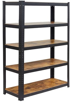 Relaxdays Schwerlastregal, 500 kg, HBT: 200 x 100 x 40 cm, 5 Ebenen, Holzoptik, Lagerregal, Stahl & MDF, schwarz/braun