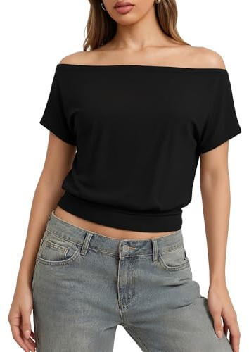 ALGALAROUND Women Tops Off The Shoulder Summer Short Sleeve Shirts Asymmetrical One Shoulder T Shirt Casual Boat Neck Tees Black