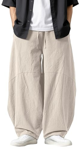 Generico Pantalon de Tai Chi confortable pour homme et femme Kung Fu uniforme pour arts martiaux Qigong Wing Chun Shaolin Jambe large à Contraste de route Hiohop pour Gym Basket, beige, XXL