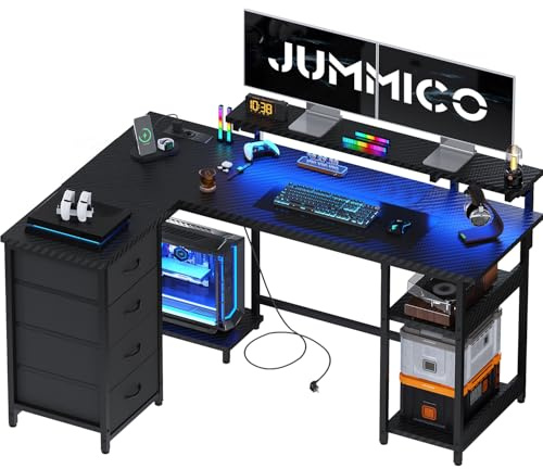 JUMMICO Scrivania Angolare a Forma di L 155 cm con Luci LED, Scrivania per Computer Ufficio Casa, Tavolo da Gaming con Ripiani Portaoggetti, Struttura Stabile e Design Reversibile, Nero