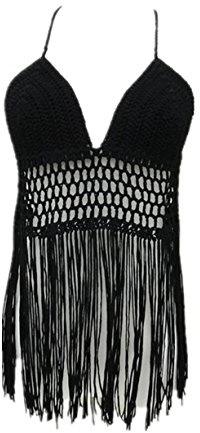 Fringe Bikini Halter Crop Top Handmade Crochet Swimsuit Summer Beachwear (Black)