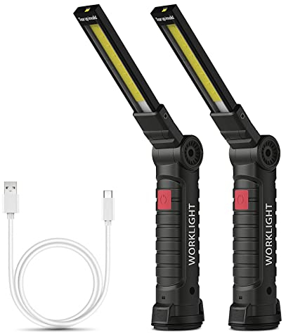 Cadeau Homme Cadeau Noel, Coquimbo Lampe de Poche Lampe de Travail Rechargeable Lampe Atelier COB Torche avec Base Magnétique 5 Modes Camping Lampe pour Garage, Camping, d'Urgence, etc (2 Pièces)
