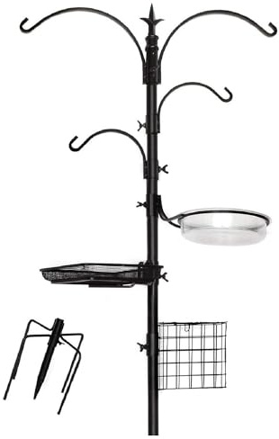 Ashman Deluxe Premium Bird Feeding Station, 22 Wide x 91 Tall with 5 Prong Base, Top Hook, Two Small Arms and Water Dish Bird Feeder Stand (Pack of 1)
