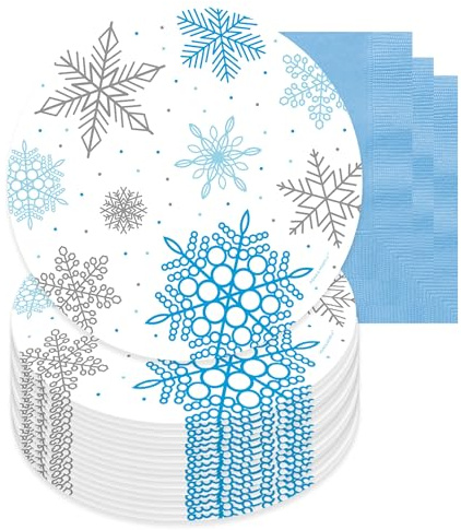 Winter Snowflake Paper Dessert Plates and Napkins - Frozen Party Decorations and Snow Princess Party Supplies (Serves 16)