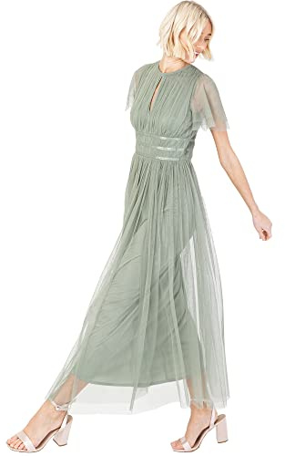 Anaya with Love Ladies Midaxi Dress for Women High Waist Keyhole Short Flutter Sleeve Crew Neckline for Wedding Guest Bridesmaids Prom, Robe Femme, Frosty Green,