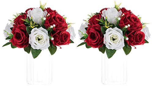 NUPTIO Artificial Flower Centrepieces for Tables - 2 Pcs Crimson & White Fake Flowers Roses Balls 24cm Diameter - Silk Faux Rose Arrangement for Wedding Party Centerpiece Table Decorations