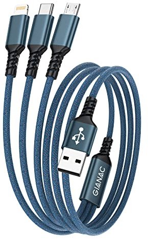 GIANAC Multi Charger Cable, [1.2M] 3 in 1 Charging Cable USB Cable Phone Charger Cable with Micro + USB C +Lightning Connector for iPhone, Android Galaxy, Huawei, Nexus, Nokia,LG, Sony, PS4