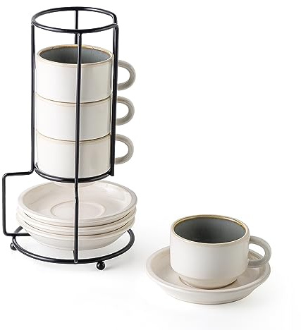 JIEMEI HOME Porcelain Stackable Espresso Cups with Saucers and Metal Stand, 4 Ounce Demitasse Cups for Specialty Coffee Drinks, Cafe Mocha Tea-Set of 4, Stackable Espresso Mugs, White & Green