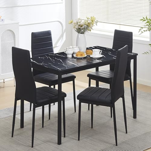 paonne 5-Pieces Black Marble Effect Dining Room Set for 4 Modern & Contemporary Wooden Kitchen Table with 4 PU Chairs for Home Kitchen/Small Space/Apartment