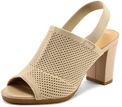 mysoft Women's Knit Chunky Block High Heels Elastic Slingback Open Toe 3 Inch Heeled Sandals,Nude,9 W US