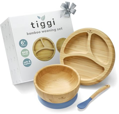 Bamboo Weaning Set by Tiggi, Complete with Baby Plate Suction Bowl and Spoon, Essential for 6 Months toToddler for Feeding (Dusky Blue)