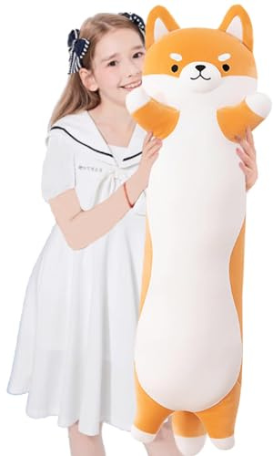 Aiuidun Shiba Inu, Cuscino lungo per il corpo in peluche gigante a forma di cane Corgi, cuscino da abbracciare, morbido cuscino lungo per dormire, regalo per ragazze e ragazzi (giallo, 130 cm)