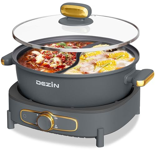 Dezin Hot Pot Electric with Divider, 6L Double-Flavor Shabu Shabu Pot, Dual Sided Removable Non-Stick Hotpot Pot Electric, 3 Depth Chinese Hot Pot with Multi-Power Control, 2 Silicone Ladles Included