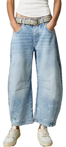 Qianderer Jeans larghi da donna Y2k a gamba larga a vita media jeans boyfriend crop barile jeans con tasche, Azzurro, L