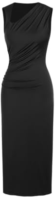 CIDER Women's Cocktail Dress Asymmetrical Neck Ruched Formal Dresses Bodycon Long Maxi Wedding Guest Dresses for Summer Black