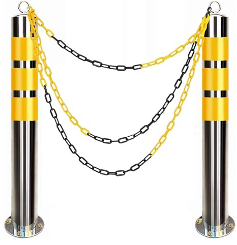 Dissuasori di parcheggio per vialetto, Confezione da 2 paletti segnaletici con Nastro Riflettente Giallo, Coni stradali con barriera a Catena in plastica e Ganci a S (800 mm A x 76 mm P (31,5 Pollici