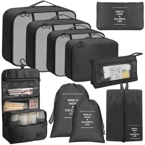 Snarflun 10 Pièces Organiseurs de Bagage pour Voyage, Organisateur Valise Packing Cubes, Voyage Imperméable Set, Rangement Valise, Sacs à Vêtements, Sacs à Chaussures, Cosmétiques (Noir)