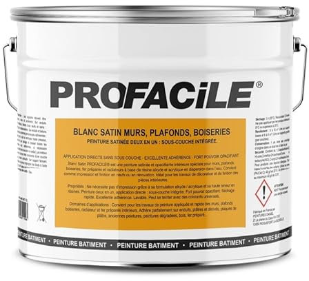 PROFACILE Peinture blanc satin intérieur murs, plafonds, plâtres, fer, bois, radiateur, 2 en 1, Impression et Finition 10 litres