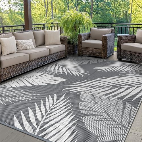 GENIMO Tappeto da Esterno Antipioggia,Tappeto Impermeabili Eeversibili Lavabili,per Terrazze,Giardini,Camper,Picnic,Balcone,240x300cm,Grigio & Bianco