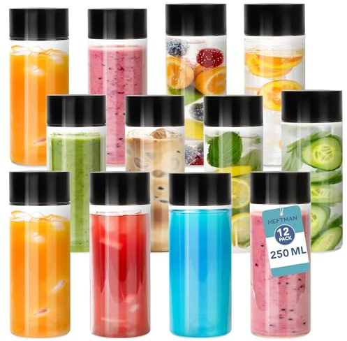 HEFTMAN Plastic Juice Bottles with Lids - 12 Pack 250ml Empty Sensory Bottles with Black Screw Top Lids, Food-Safe PET Clear Plastic Bottle for Water, Iced Coffee, Smoothies