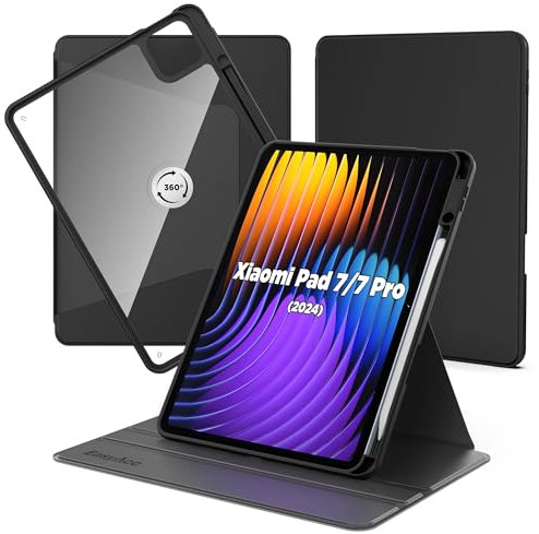 EasyAcc Drehbare Hülle für Xiaomi Pad 7/7 Pro 11.2 Zoll mit Xiaomi Pen Halter, Acryl Schutzhülle 360 Grad Drehbare mit Stoßfest Grenze, Schwarz