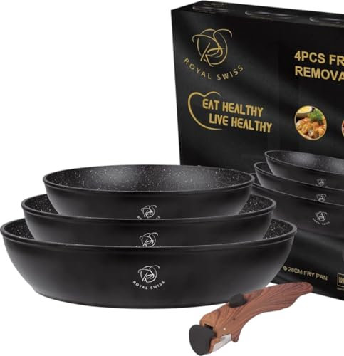 Royal Swiss® 3-teiliges Pfannenset – Induktion & Ofenfest – PFAS-frei – Mit Abnehmbarem Griff – Antihaftbeschichtet – Schwarz – Für Alle Herdarten – Platzsparend & Spülmaschinengeeignet (Schwarz)