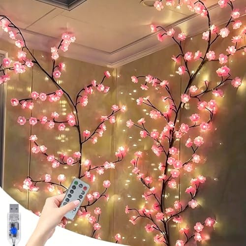 Gresoinc 230cm 144LED Cherry Blossom Tree Twig Lights for Wall, USB Powered 8 Modes Warm White Fairy Light with Remote Timer Dimmable Flexible Willow Vine Floral Bedroom Home Spring Décor