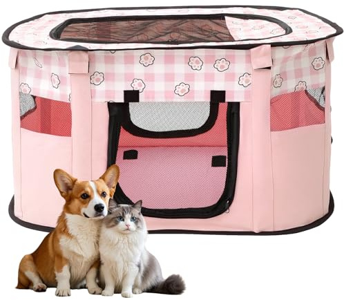 Foldable Pet Playpen Portable Dog Cat Playpen Small Dog Cat Cage Soft 70 * 55 * 40cm Indoor Outdoor Pet Tent Fence for Puppy Rabbits Hamster Small Animals(Pink)