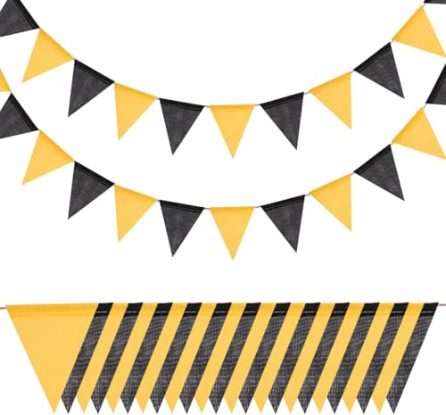 8 m langes schwarz-gelbes Wimpelbanner aus Sackleinen, 24 Stück wasserdichte Dreiecksflaggen, Wimpelgirlande aus imitiertem Leinen-Sackleinen für Partybanner, Partydekorationen