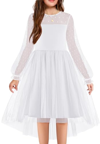 Arshiner Robe pour Fille Festive à Manches Longues Tullerobe Et Maille Fête Asymétrique pour Enfant Robes De Demoiselle d'honneur Communionrobe 6-16 Ans