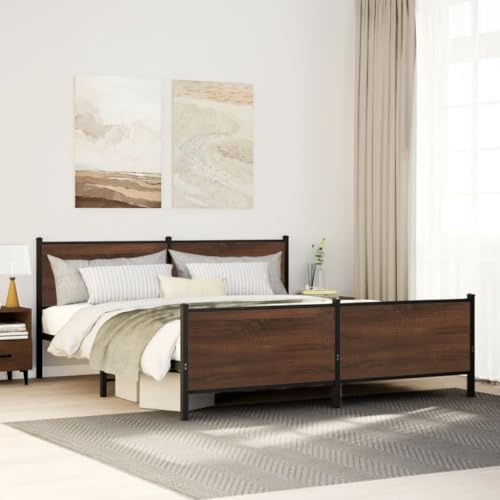 Teenpull Robust metallsängram i brunt ekutseende för 200 x 200 cm madrasser, stabil ribbotten med sänggavel, gott om lagringsutrymme under sängen, modern sovrumsmöbler