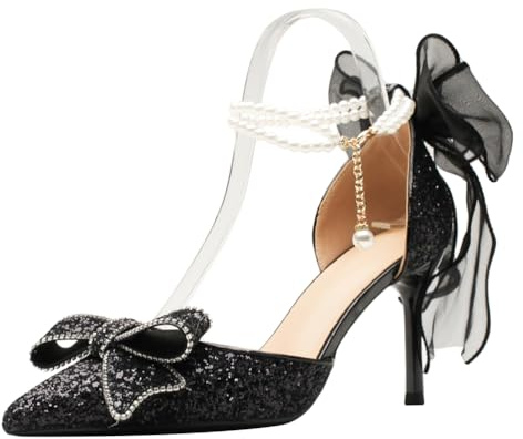 Wtharosa Dam glitterpumpar kristall rosett pärla ankelrem organza band svart kväll festskor eleganta klassiska klackar, Svart 6 cm klack, 36 EU