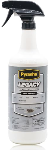 PYRANHA Legacy Fly Spray for Horses - Water-Based Long Lasting Fly Control Repels Horn, Deer, Horse, House, Stable, & Face Flies, Ticks, Mites, Mosquitoes, Gnats & Lice, 1 Quart
