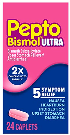 Pepto Bismol ULTRA Caplets, Upset Stomach Relief, Nausea Relief, Heartburn Relief, Indigestion Relief, Anti Diarrhea Medication for Adults - 5 Symptom Relief, 24 ct