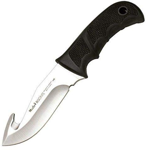 Muela Cuchillo BISONTE-11G hoja de acero ACX-380 de 11,5 cm y empuñadura de goma negra para Caza, Pesca, Supervivencia y Bushcraft Realizado en Ciudad Real + Portabotellas de regalo