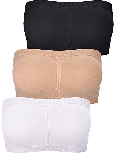 Boao Women Bandeau Bra Padded Strapless Bralette Bra Seamless Bandeau Tube Top(XXX-Large,Black, White, Nude Color,3 Pcs)