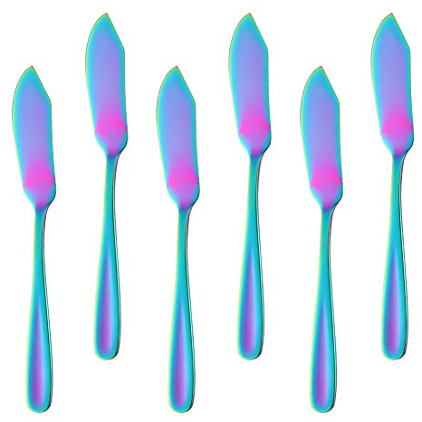 Buyer Star Lot de 6 couteaux à beurre irisés en acier inoxydable pour fromage, gelée, confiture, dessert, sandwich