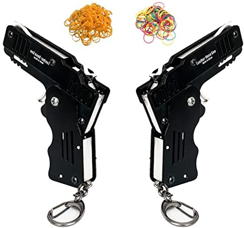 2 Packs of Mini Metal Folding Rubber Band Gun Toy with Keychain and Over 100 Rubber Bands.