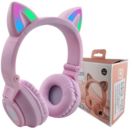 YUSONIC Kabellose Katzenohr-Kopfhörer, LED-Licht, Bluetooth-Kopfhörer, faltbares Design, Kinder-Headset für Handy, Tablets und Laptops (lila)
