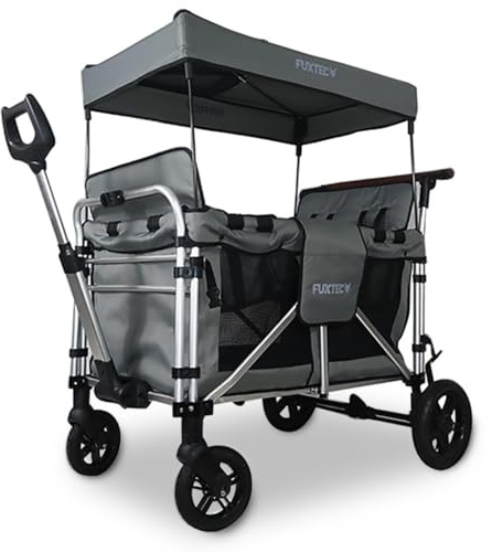 FUXTEC FX-CTXL900 Grey XL All-Terrain Folding Wagon for Kids to Sit In – 4-Seater Collapsible Stroller Wagon with Canopy, Safety Belts & Durable Steel Frame – Foldable Utility Cart for Families
