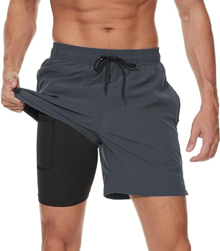 Badbyxor herr, simbyxor med kompressionsfoder, 2-i-1 fritid, korta träningsshorts, snabbtorkande ventilerande badshorts för män, boardshorts med fickor med dragkedja, L1# grå, XL
