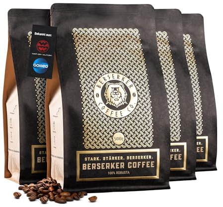 BERSERKER COFFEE - Extra starker Kaffee, 100% Robusta Kaffeebohnen, 4x500g - 3x soviel Koffein wie 08/15-Kaffee, säurearm - GANZE BOHNE