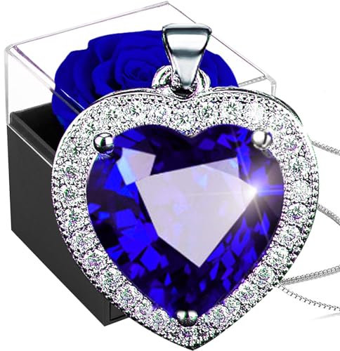 Willuck Preserved Real Rose with Ocean Heart Necklace,Forever Blue Rose with Women Heart Necklace,925 Sterling Silver Sapphire Pendant in Eternal Rosebox,Infinity Gift for Her On Christmas valentine
