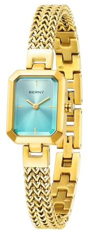 BERNY Guldklocka För Kvinnor Delikat Quartz Armbandsur Dam Rektangel Mini Armbandsur Liten Mode 3ATM Vattentät Allt Rostfritt Stål Avtagbar Klocka Band