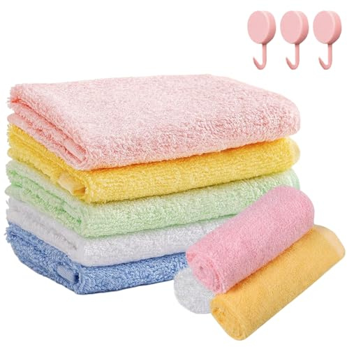 8Pcs Flannel Face Cloth Baby Washcloth Soft Organic Bamboo Washer Absorbent Face Quick Dry Reusable Face Body Cloths Squares Wash Baby Wash Cloth for Women(with 3 Hooks)